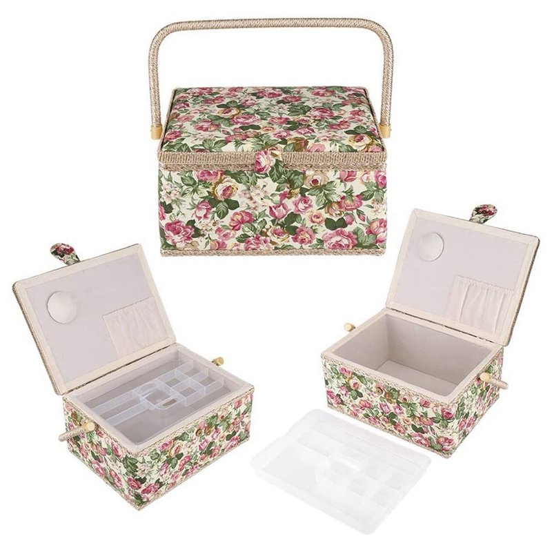 Large Vintage Sewing Basket with Compartments for Needles Thread and Supplies