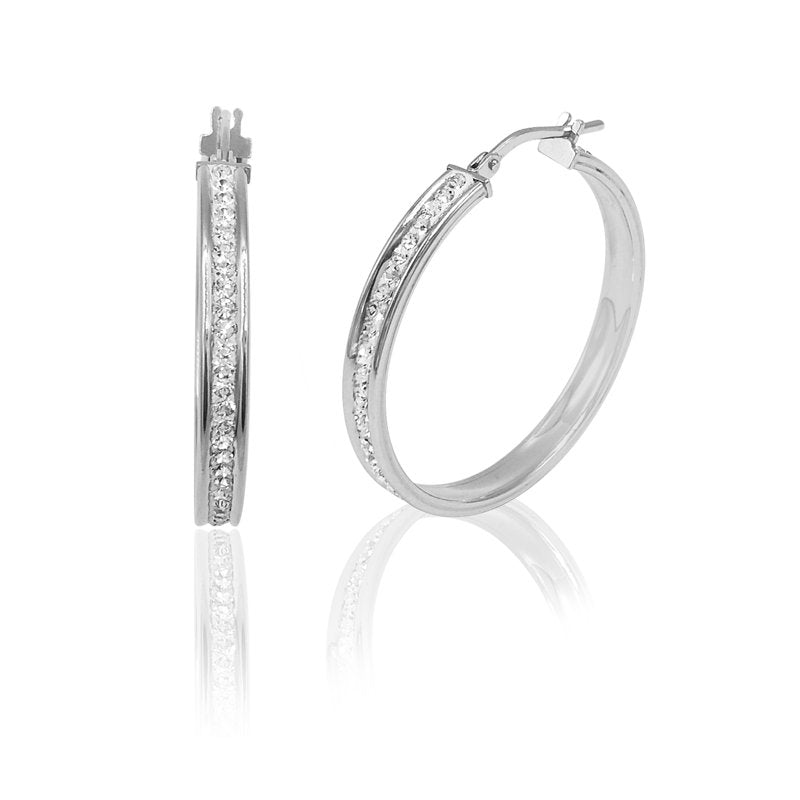 Sterling Silver Crystal Hoop Earrings - Rhodium Plated Classic Jewelry for Youth to Adults