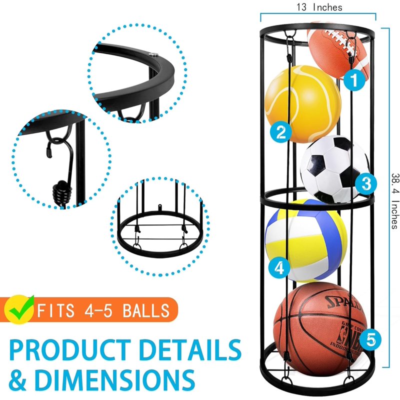 Wall-Mounted Ball Storage Rack for Basketball, Soccer, Volleyball, Football Organizer