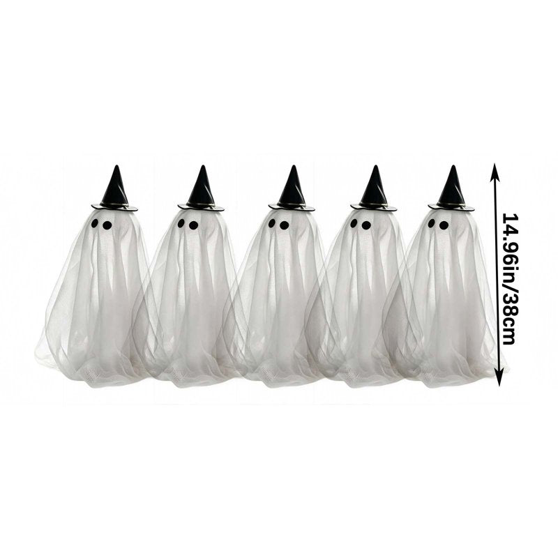 Lighted Ghost Halloween Decorations Set of 5 Gauze Figurines with Witch Hats