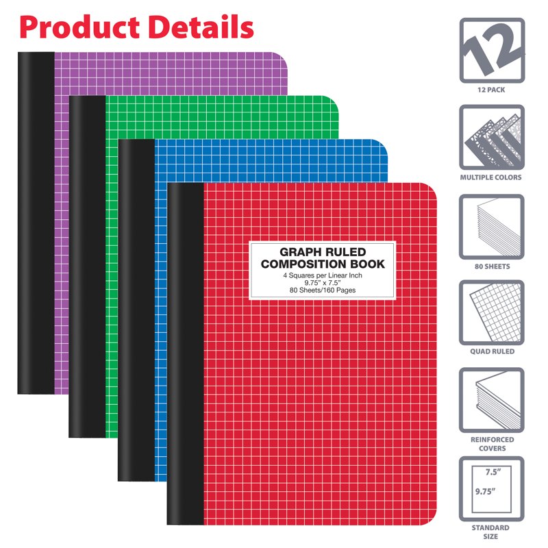 Quad Ruled Composition Notebook 4x4 Graph Paper Hardcover 12 Pack