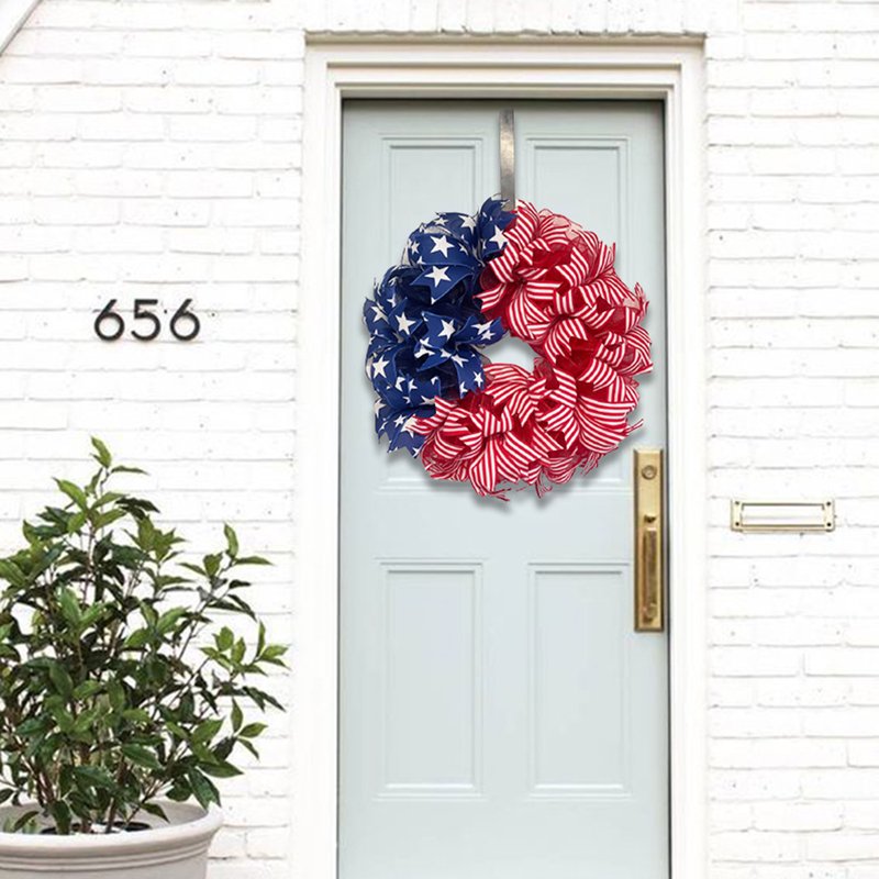 Patriotic Front Door Wreath with Red White Blue Ribbon Stars for Independence Day