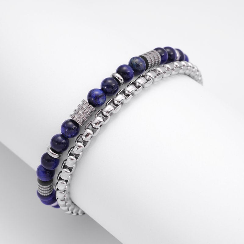 Men's Lapis Lazuli Bead Chain Bracelet - Stainless Steel, Blue Stone Jewelry