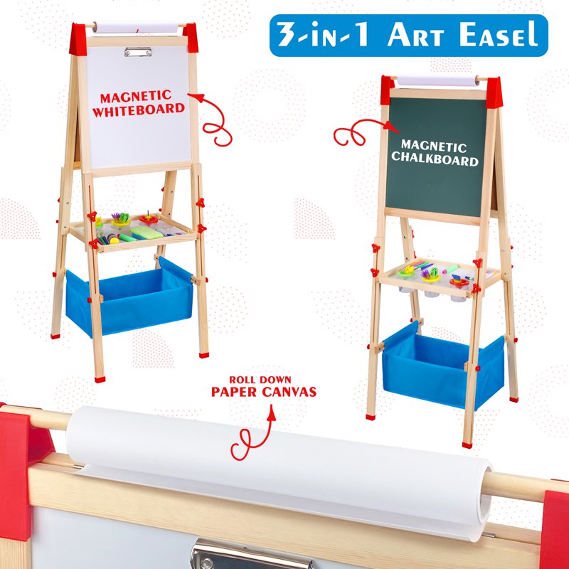 Kids Wooden Magnetic Chalkboard & Whiteboard Easel with Paper Roll - Toddler Art Gift
