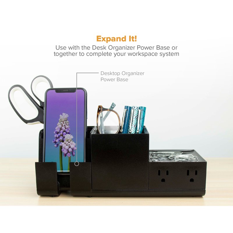 Desktop Power Outlet & Pencil Organizer Kit - 2 Outlets, Storage Tray, Black