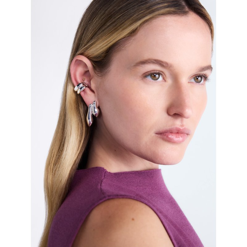 Silver Tone Ear Cuffs and Drop Earrings Set for Women - Sculpted Organic Design
