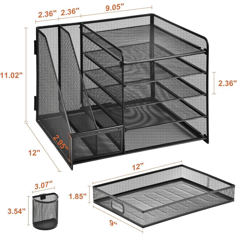 5-Tier Desktop File Organizer with Drawer and Pen Holders - Office & Home Storage