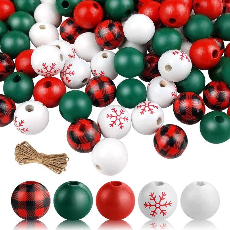 Christmas Wooden Beads Set 210 Pcs with Hemp Rope for Holiday DIY Crafts and Jewelry