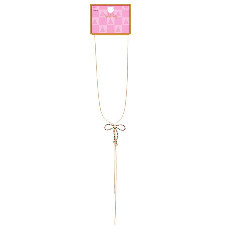 Dainty Bow Lariat Necklace with Sparkling Stones - Goldtone, 16" + 3" Extender