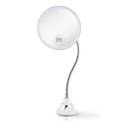 Flexible Gooseneck Makeup Mirror - 10X Magnifying, 360¡Æ Swivel, Adjustable Suction Cup - Stick On Table or Wall for Vanity and Bathroom Use - 6.7 x 6.7 Inch (Round)