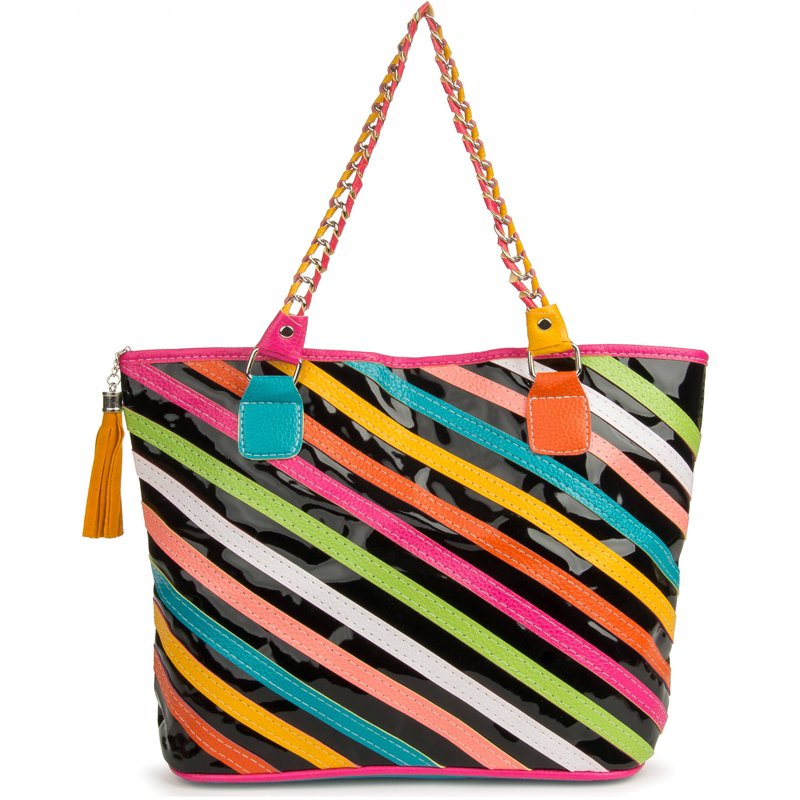 Women's Stripe Tote Bag with Multiple Carry Options - Colorful Faux Leather