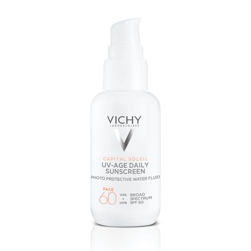 Vichy Capital Soleil UV-Age Daily SPF 60, Anti Aging Sunscreen for Face SPF 60, Hyaluronic Acid + Peptides + Vitamin C, Broad Spectrum Invisible SPF Protection, No White Cast Sunscreen