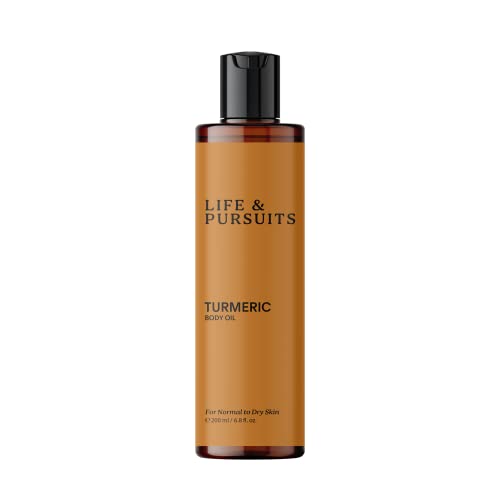 Life & Pursuits Turmeric Body Oil - Ayurvedic Natural Body Massage Oil with Vitamin E, Coconut Oil, Almond & Squalane| Reduces Dark Spots, Brightens Skin (6.8 Fl Oz (1Pack))