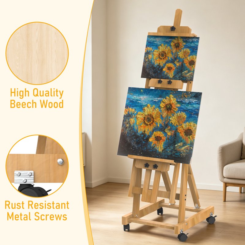 Large Adjustable Wooden Art Easel for Painting - Movable Studio Stand