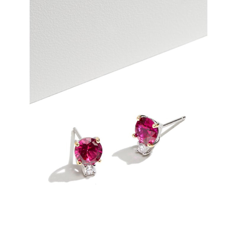 Sterling Silver Two Stone Earrings with Created Ruby and Lab Grown Diamonds - Platinum Over Silver