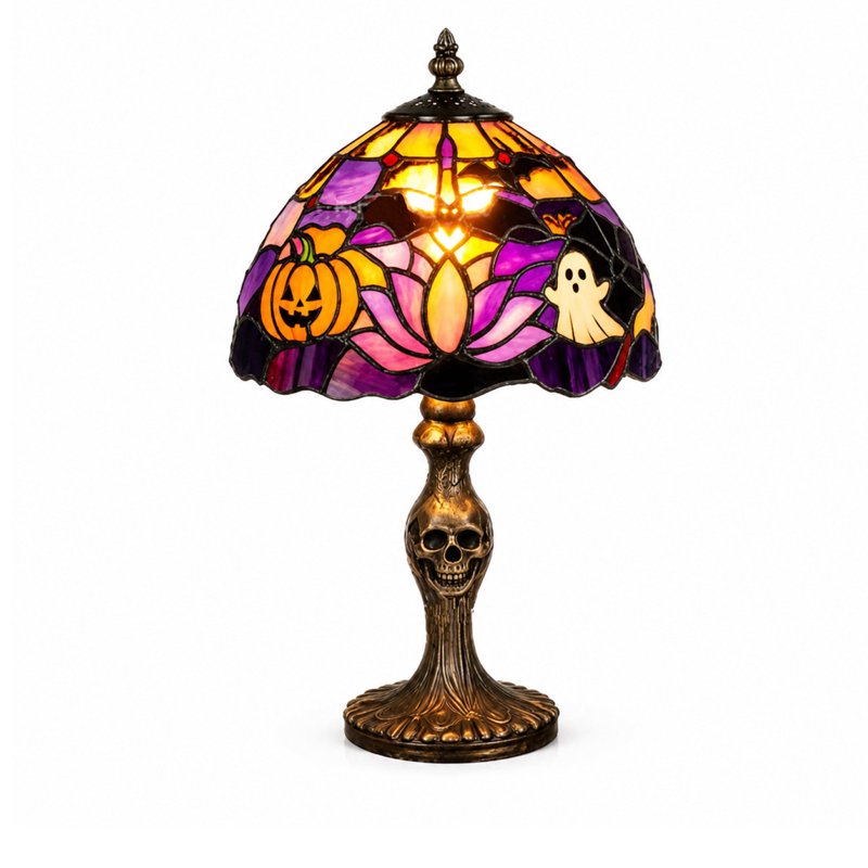 Halloween Stained Glass Pumpkin Lamp - Handcrafted Resin Accent Light with Gothic Decor