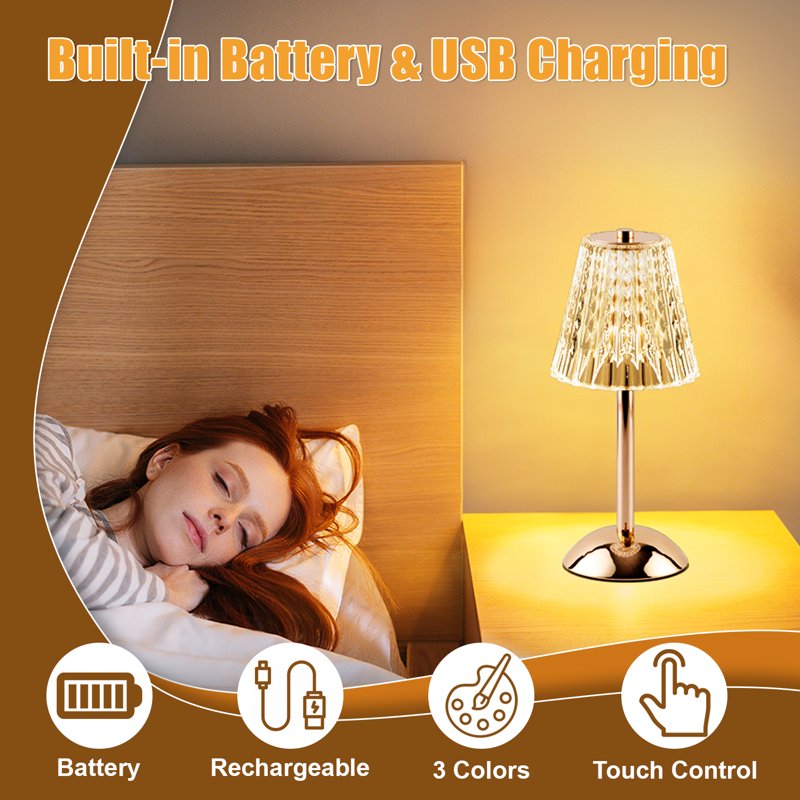 Rechargeable Crystal Table Lamp with Touch Control - Dimmable LED Night Light for Bedroom & Living Room