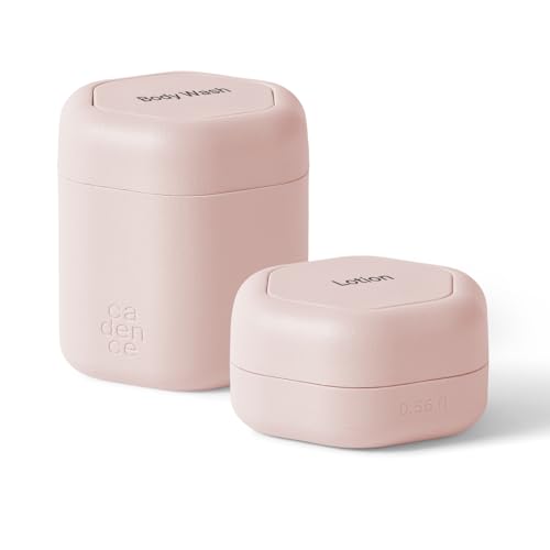 Cadence Travel Containers - 2 Piece Body Care Capsule Set - Magnetic Containers w/ Lids - Carry On Travel Essentials for Women/Men - 1 Small & 1 Medium Capsule - Body Wash & Lotion Labels - Petal