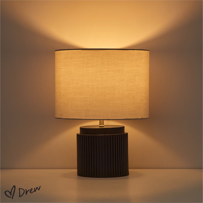 Modern Black Faux Wood 14-Inch Table Lamp with Linen Shade