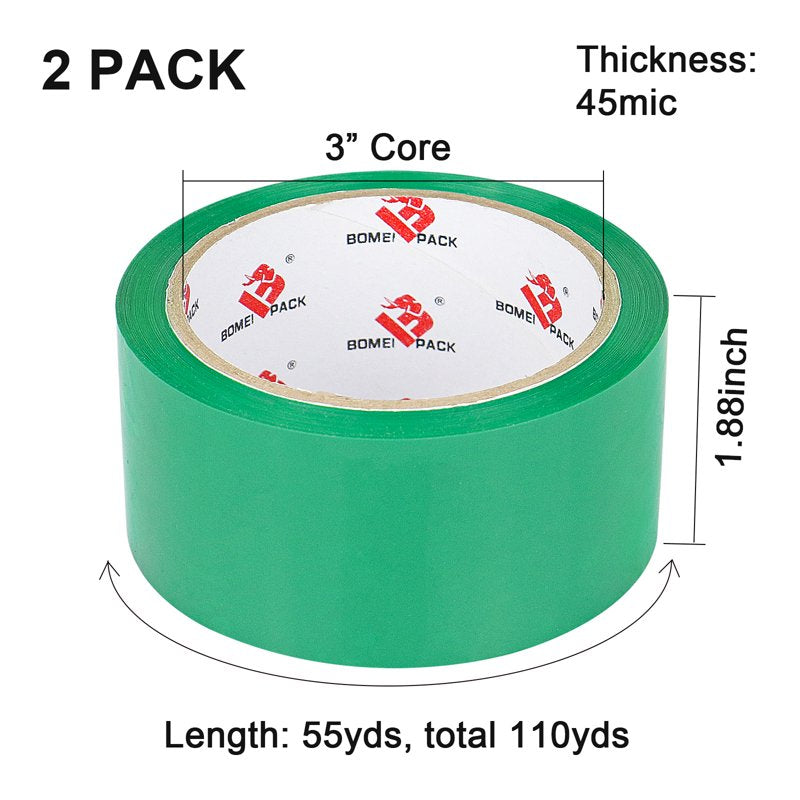 Green Packing Tape with Dispenser - Heavy Duty, 2 Refill Rolls, 1.88 Inch x 55 Yards