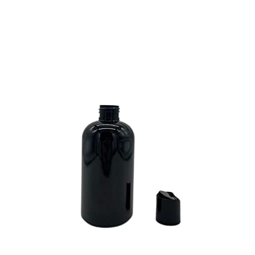 Natural Farms 8 oz Black Boston Plastic Bottles -12 Pack Empty Bottle Refillable - BPA Free - Essential Oils - Aromatherapy | Black Press Down Disc Cap - Made in the USA