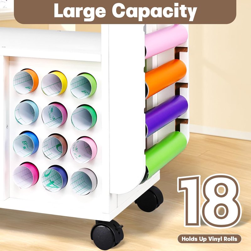 Craft Storage Rolling Cart with Vinyl Roll Holders and Drawer - Mobile Organizer for Cricut and Craft Supplies