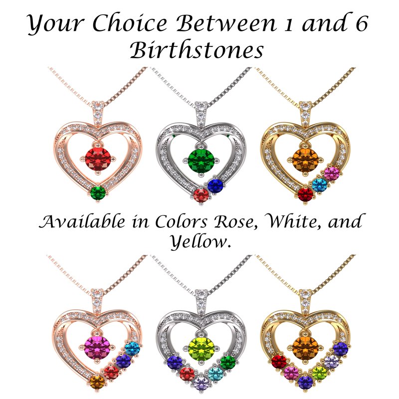 Personalized Heart Birthstone Necklace for Mother & Child - Gold Plated Sterling Silver or 10K Gold