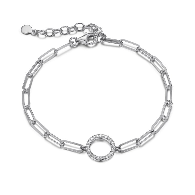 Sterling Silver CZ Circle Paperclip Bracelet - Adjustable 6.75" + 1.25" Extender
