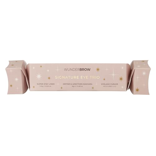 Wunderbrow Signature Eye Trio Festive Cracker, Holiday Gift Set, Includes Mascara, Black Eyeliner and an Eyelash Curler