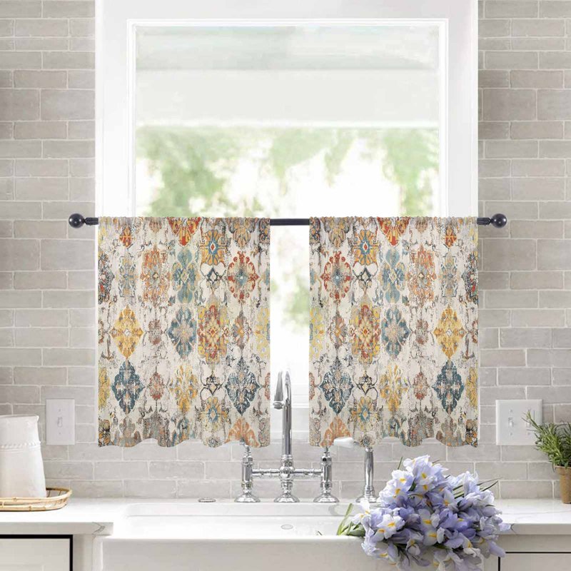 Farmhouse Semi Sheer Curtain Set - Boho Abstract Voile Window Drapes for Living Room & Bedroom