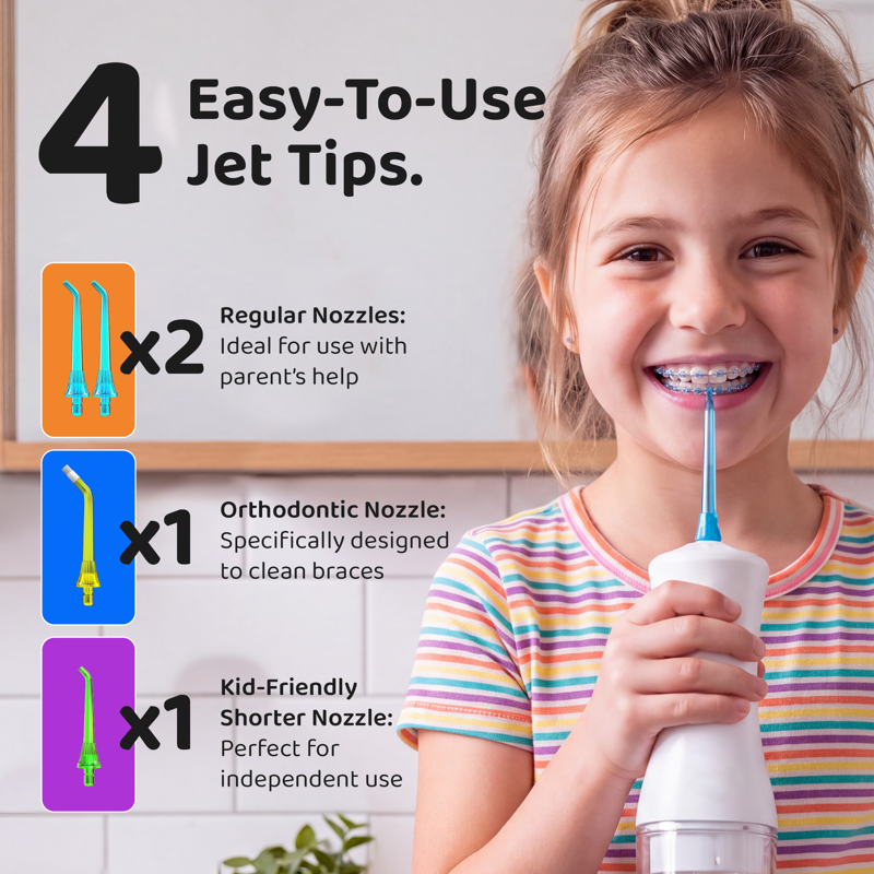 Kids Water Flosser with 4 Modes & Nozzles - Dentist-Approved Oral Care