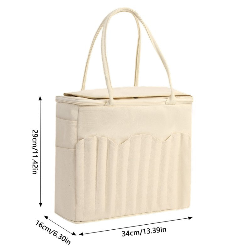Large Capacity Canvas Yarn Organizer Tote Bag with Multi-Pockets for Knitting & Crochet