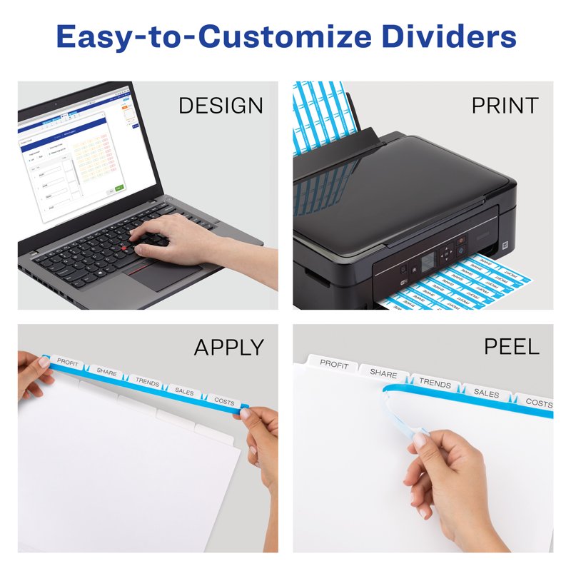 Print & Apply Binder Dividers with Customizable Tabs - 5 Sets of 5, Clear Labels