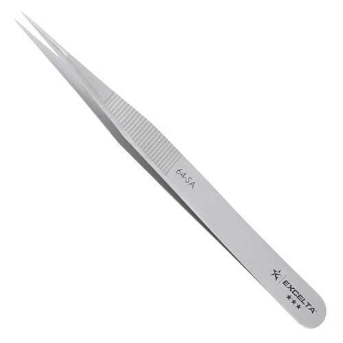 Excelta 64-SA Precision Tweezers, Straight Fine Tip, 4.75" Anti-Magnetic 316L Neverust Stainless Steel, Serrated Handle, ESD-Safe, Swiss-Made Tool for Electronics, Lab Use, Cleanroom & Forensics