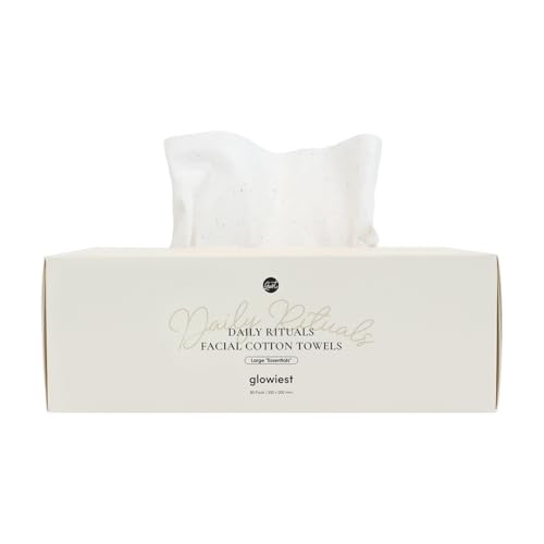 glowiest Daily Ritauls Facial Cotton Towels - Large Essentials, Biobased Face Towel, Disposable Face Towelette, Makeup Remover Dry Wipes, 1 Pack, 80 Ct
