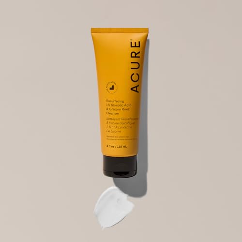 Acure Resurfacing 1% Glycolic Acid & Unicorn Root Cleanser - Exfoliating Face Wash, Glycolic Acid Cleanser for Face, Brightening Anti Aging Cream to Foam Facial Cleanser, Sulfate Free, Vegan - 4 fl oz