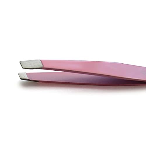 Precision Stainless Steel Eyebrow Tweezers Set In Pointed And Slanted Tip, Curved Brow Scissors, Comes With Pink Travel Case