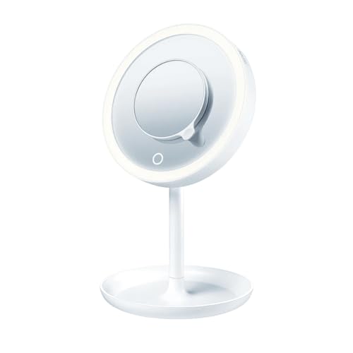 Beurer Illuminated 5X Vanity and Cosmetics Mirror, Touch Sensor Surface, Storage Tray, with Portable, Magnetic Magnifying Makeup Mirror, White LED Light and Dimmer, Cordless, 360¡Æ Rotation, BS45