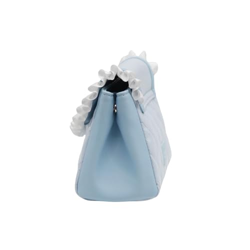 Impressions Vanity Cinnamoroll Lovely Ribbon Ruffled Cosmetic Pouch with Detachable Wristlet, Faux Saffiano Leather Travel Toiletry Bag with Satin Ruffle Trim, Inner Slip Pocket, and Silver Hardware