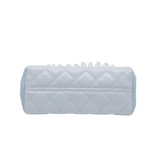 Impressions Vanity Cinnamoroll Lovely Ribbon Ruffled Cosmetic Pouch with Detachable Wristlet, Faux Saffiano Leather Travel Toiletry Bag with Satin Ruffle Trim, Inner Slip Pocket, and Silver Hardware