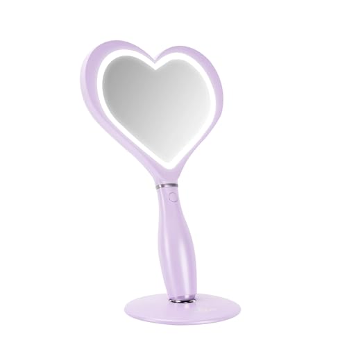 Impressions Vanity Amour LED Handheld Makeup Mirror for Desk, Lighted Travel Makeup Mirror with Detachable Magnetic Ball Standing Base, Ultra Bright Adjustable Lighting, and Heart Shaped (Lilac)