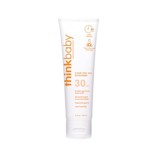 Thinkbaby SPF 30 Mineral Baby Sunscreen, Clear Zinc Oxide, 3 fl oz ? Natural, Water Resistant, Kids & Toddler Sun Protection, Reef Safe