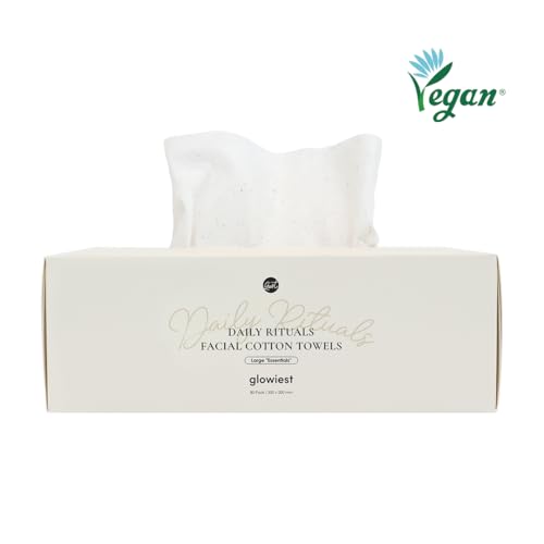 glowiest Daily Ritauls Facial Cotton Towels - Large Essentials, Biobased Face Towel, Disposable Face Towelette, Makeup Remover Dry Wipes, 1 Pack, 80 Ct