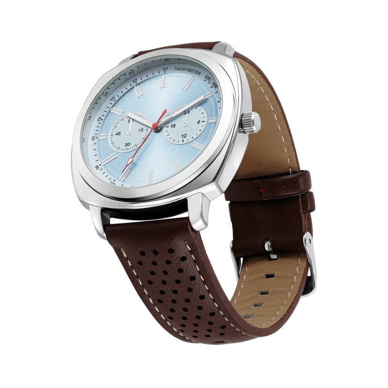 Men's Silver-Tone Leather Strap Watch with Blue Dial and Sporty Design