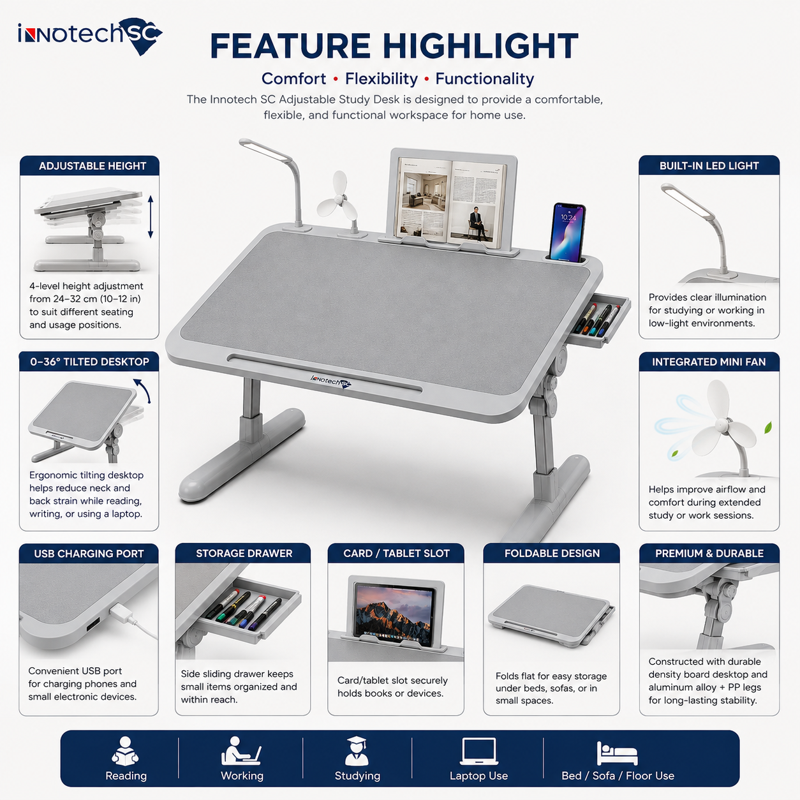 Foldable Laptop Bed Desk with LED Light, Fan, USB Charging, Drawer, 4-Height Adjustment - Gray