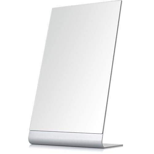 Frameless Makeup Mirror for Desk, 15 x 8.5 Inch Aluminum Standing Table Mirror, Large Counter Top Mirror