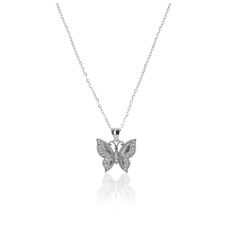 Sterling Silver Crystal Butterfly Pendant Necklace 18 Inch Hypoallergenic Jewelry