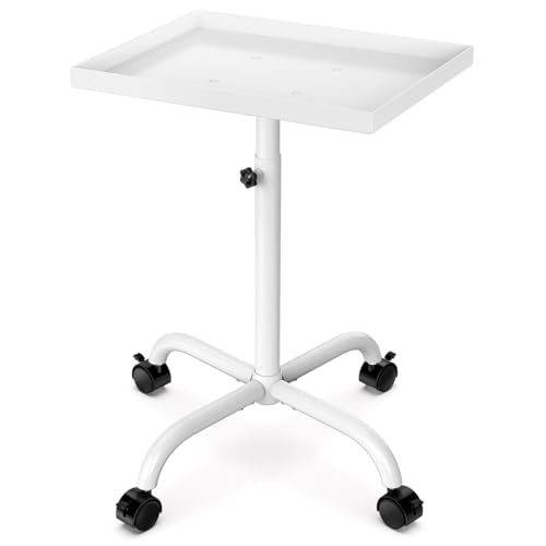 Salon Tray on Wheels, Salon Tray Cart Tattoo Tray Rolling Trolley, Hair Stylist Tray Height Adjustable, Dental Tray Hairdresser Tray Rolling Table Tray Cart (White)