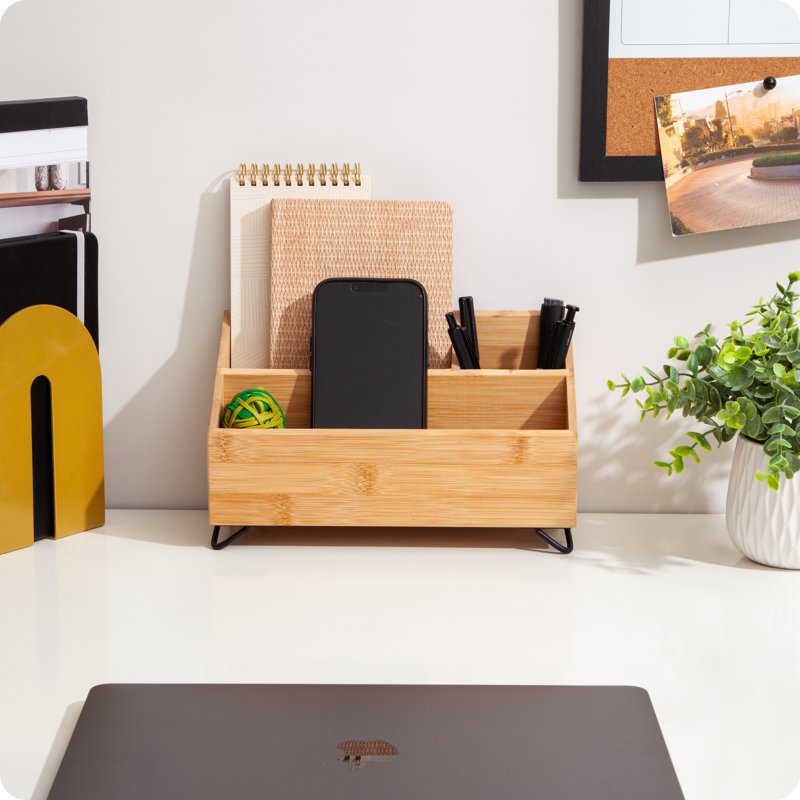 Bamboo Desktop Organizer with 3 Compartments - Office Desk Storage