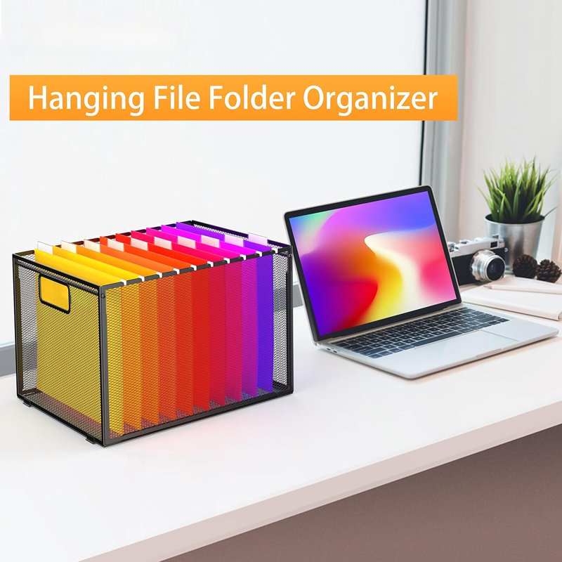 Metal Hanging File Organizer with Handles - Desktop Paper Storage Box for Documents